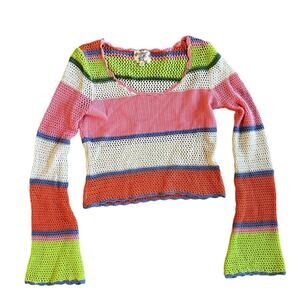 Hippie Rose Crochet Striped Medium Cropped Bell Sleeve Bright Boho Sweater